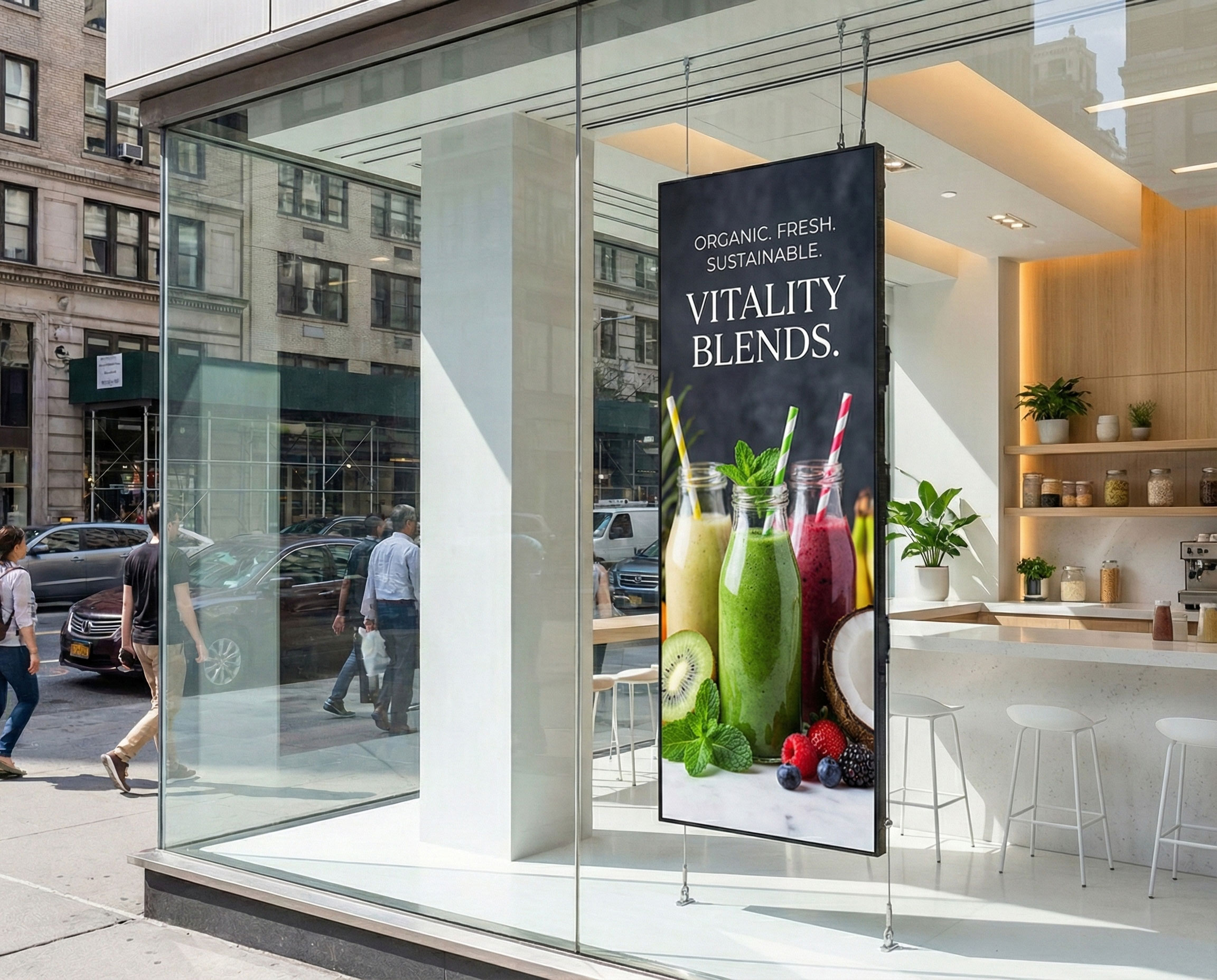 LED Poster suspended in a smoothie QSR window